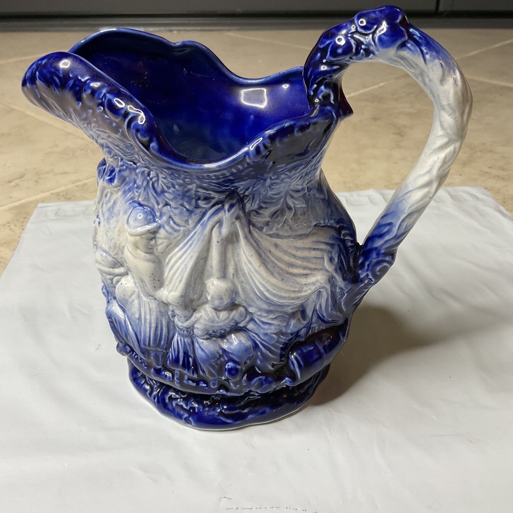 Burleigh Ironstone Flow Blue Pitcher Reproduction Staffordshire England Relief